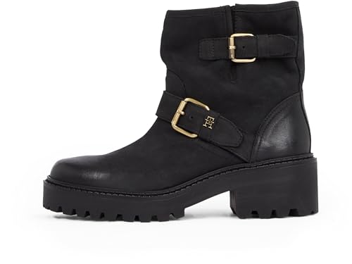 Tommy Hilfiger Damen Mid Boot Stiefel Biker Double Buckle aus Leder, Schwarz (Black), 36 von Tommy Hilfiger