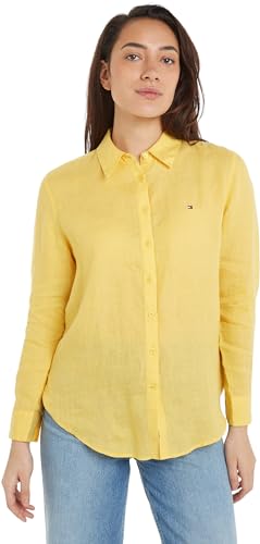 Tommy Hilfiger Damen Bluse Leinen Relaxed Shirt Hemdbluse, Gelb (Dawn Yellow), 44 von Tommy Hilfiger