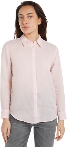 Tommy Hilfiger Damen Bluse Leinen Relaxed Shirt Hemdbluse, Rosa (Whimsy Pink), 32 von Tommy Hilfiger