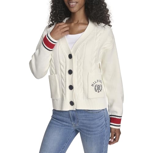 Tommy Hilfiger Damen Boxy Varsity Cable Cardigan, Elfenbeinfarben, Klein von Tommy Hilfiger