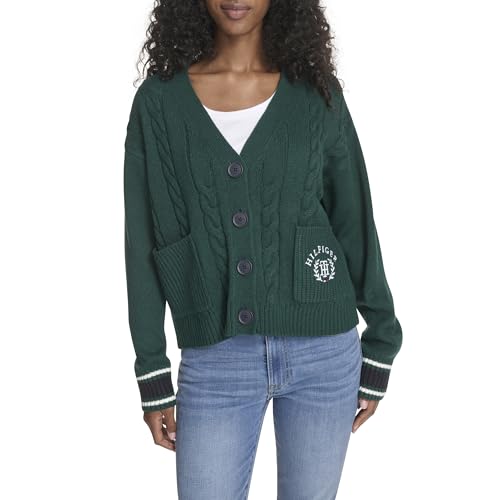 Tommy Hilfiger Damen Boxy Varsity Cable Cardigan, Forest Multi, Mittel von Tommy Hilfiger