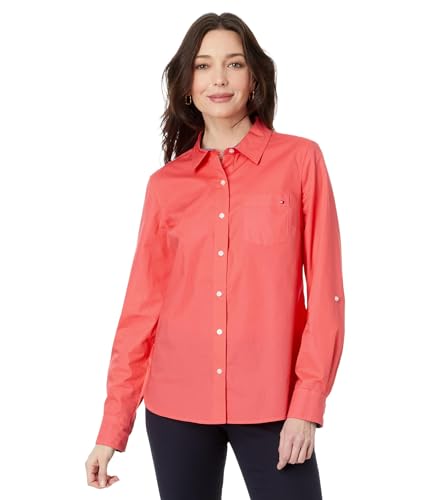 Tommy Hilfiger Damen Button-Down-Langarmhemd mit Kragen und Brusttasche, Sherbet, Groß von Tommy Hilfiger