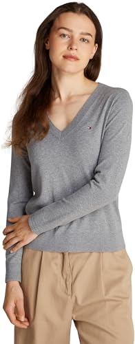 Tommy Hilfiger Damen Pullover Jersey Stitch V-Neck Strickpullover, Grau (Mid Grey Heather), M von Tommy Hilfiger