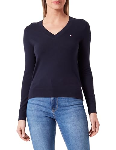 Tommy Hilfiger Damen Pullover Co Jersey Stitch Sweater V-Ausschnitt, Blau (Desert Sky), XS von Tommy Hilfiger