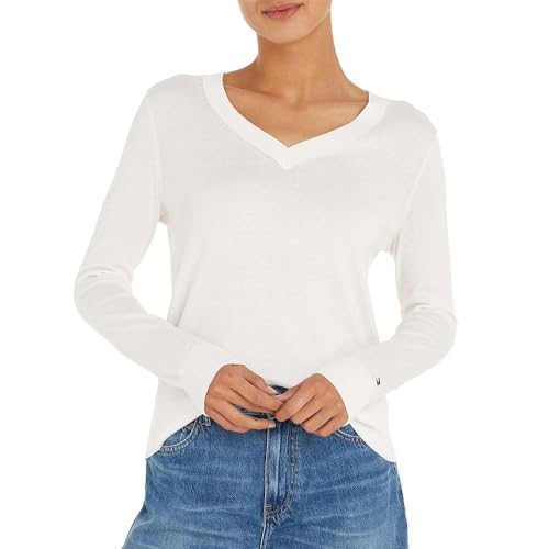 Tommy Hilfiger Damen Pullover Co Jersey Stitch Sweater V-Ausschnitt, Weiß (Ecru), XXS von Tommy Hilfiger