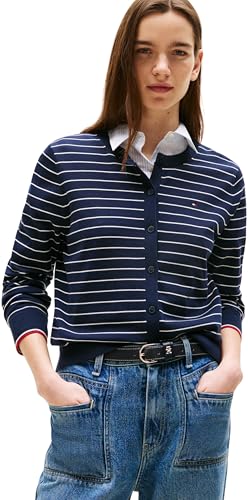 Tommy Hilfiger Damen Cardigan Jersey Stitch Elegant, Mehrfarbig (Dark Night Navy/Ivory Silk STP Gs), L von Tommy Hilfiger