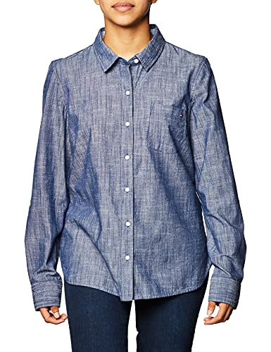 Tommy Hilfiger Damen Klassisches langärmeliges Rolllasche (Standard-und Übergröße), Shirt Hemd mit Button-Down-Kragen, Chambray, Mittel von Tommy Hilfiger