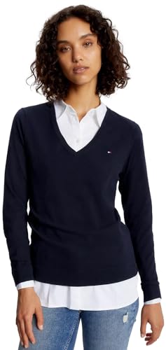 Tommy Hilfiger Damen Regular Fit Flag Logo V-Neck Sweater, Navy, M von Tommy Hilfiger