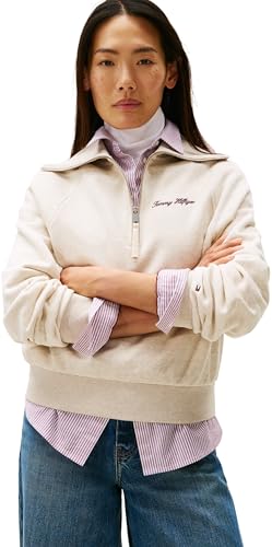 Tommy Hilfiger Damen Sweatshirt mit Reißverschluss Classic Script Fleece Half-Zip, Elfenbein (Heather Oatmilk), M von Tommy Hilfiger