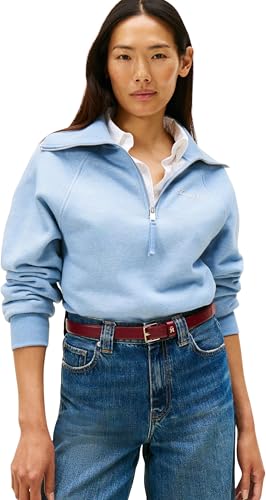 Tommy Hilfiger Damen Sweatshirt mit Reißverschluss Classic Script Fleece Half-Zip, Blau (Brisk Blue Heather), L von Tommy Hilfiger