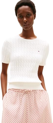 Tommy Hilfiger Damen Pullover Cable Kurzarm, Weiß (Ivory Silk), XXL von Tommy Hilfiger