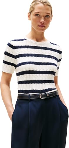 Tommy Hilfiger Damen Pullover Cable Kurzarm, Mehrfarbig (Ivory Silk/Dark Night Navy Stp), M von Tommy Hilfiger