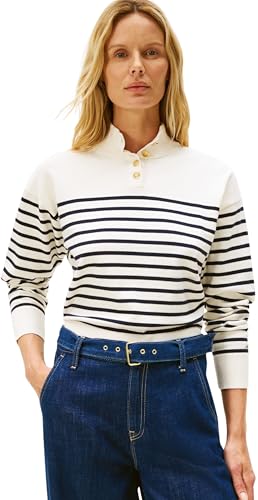 Tommy Hilfiger Damen Co Jersey Gold Btn Mock-Nk SWT Ww0Ww47467 Pullover, Blue (Placed Thin Navy STP Sweaters), S von Tommy Hilfiger