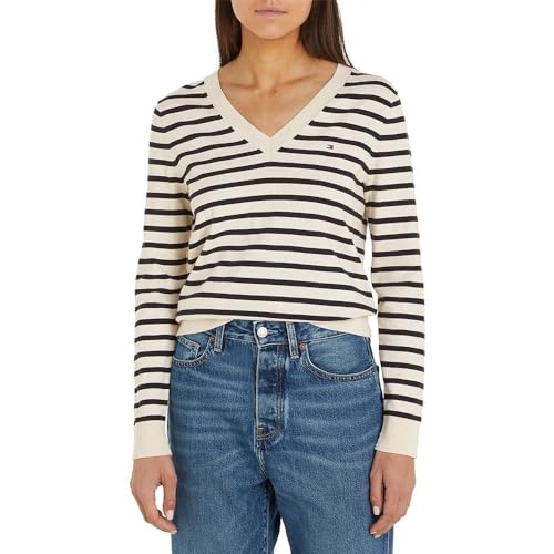 Tommy Hilfiger Damen Pullover Co Jersey Stitch V-Nk Sweater Strickpullover, Mehrfarbig (Breton Stp/ Calico/ Desert Sky), M von Tommy Hilfiger