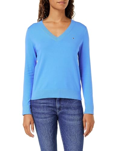 Tommy Hilfiger Damen Pullover Co Jersey Stitch V-Nk Sweater Strickpullover, Blau (Well Water), L von Tommy Hilfiger