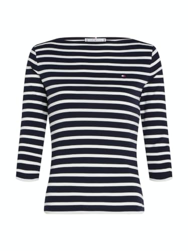 Tommy Hilfiger Damen Langarmshirt Slim U-Boot-Ausschnitt, Mehrfarbig (Breton Desert Sky/Ecru), M von Tommy Hilfiger