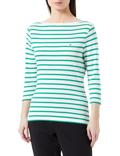 Tommy Hilfiger Damen Langarmshirt Slim U-Boot-Ausschnitt, Mehrfarbig (Breton Ecru/Olympic Green), M von Tommy Hilfiger