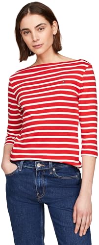 Tommy Hilfiger Damen Langarmshirt Slim U-Boot-Ausschnitt, Mehrfarbig (Breton Fierce Red/Ecru), XS von Tommy Hilfiger