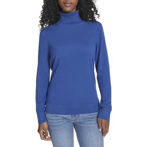 Tommy Hilfiger Damen Cotton Lightweight Turtleneck Sweater Pullover, Echtes Blau, Mittel von Tommy Hilfiger