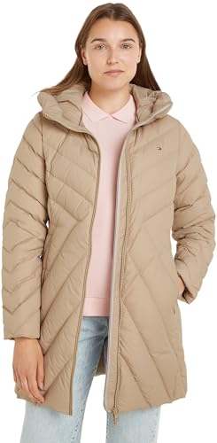 Tommy Hilfiger Damen Daunenmantel Chevron Down Coat mit Kapuze, Beige (Beige), XL von Tommy Hilfiger