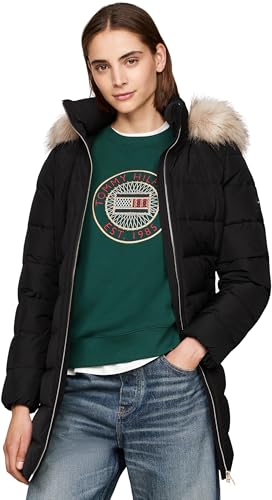 Tommy Hilfiger Damen Daunenmantel Heritage Down Tyra Coat With Fur mit Taschen, Schwarz (Black), L von Tommy Hilfiger