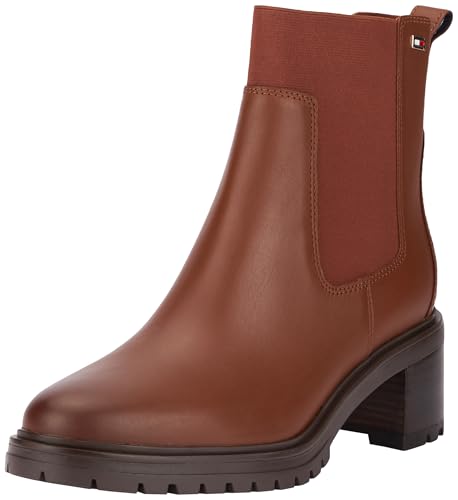 Tommy Hilfiger Damen Chelsea Boots Mid Heel aus Leder, Cognac Brown (Braun), 36 von Tommy Hilfiger