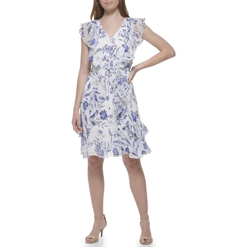 Tommy Hilfiger Damen Ruffle Trim Tie Waist Chiffon Mini Dress Lässiges Kleid, Elfenbeinfarben, 40 von Tommy Hilfiger