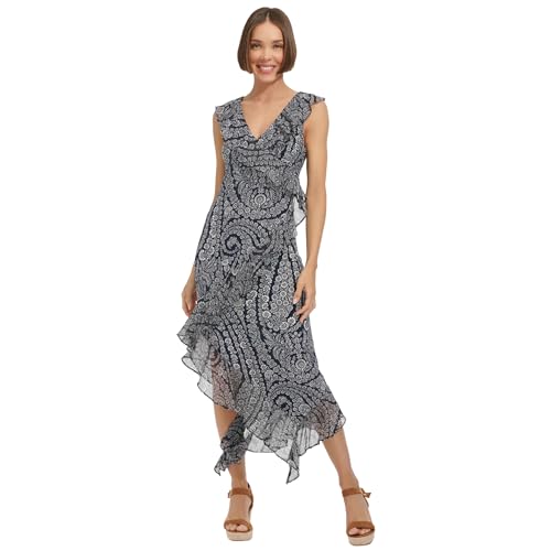 Tommy Hilfiger Damen Flutter Sleeve V-Neck Maxi Slip Dress Kleid, Sky Captain/Elfenbein, 44 von Tommy Hilfiger