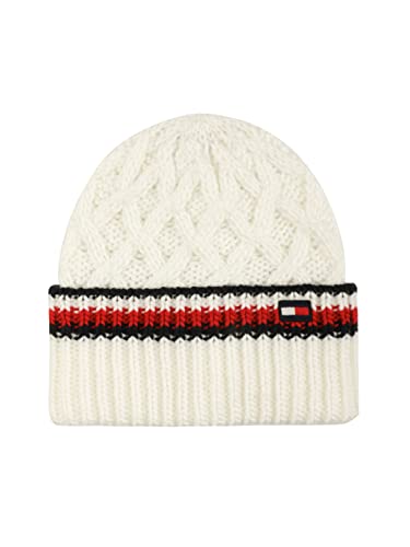 Tommy Hilfiger Damen Gitterkabel mit Streifen Manschette Hut Beanie-Mütze, Elfenbein, Einheitsgröße von Tommy Hilfiger