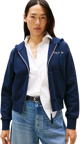 Tommy Hilfiger Damen Hoodie mit Reißverschluss Script Pique Zip-Up mit Kapuze, Blau (Dark Night Navy), S von Tommy Hilfiger