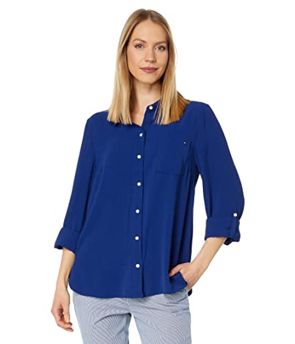 Tommy Hilfiger Damen Roll Tab Sleeve Collared Up Shirt (Regular and Plus) Hemd mit Button-Down-Kragen, Blau (Deep Sea), X-Klein von Tommy Hilfiger