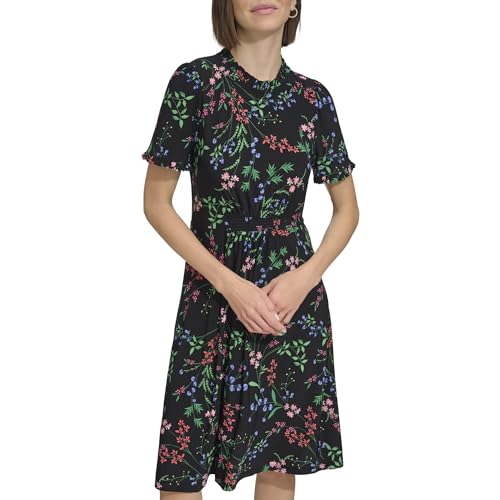 Tommy Hilfiger Damen Short Sleeve High Neck Fit & Flare Mini Dress Kleid, Schwarz Multi, 38 von Tommy Hilfiger