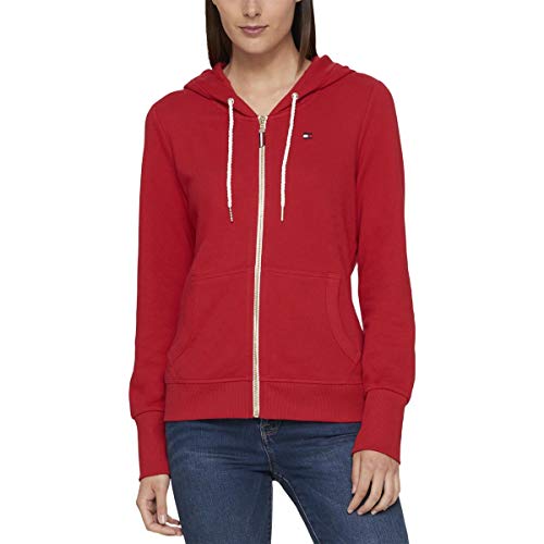 Tommy Hilfiger Damen Kapuzenjacke aus French Terry mit Reißverschluss, einfarbig Kapuzenpullover, Scharlachrot, XL von Tommy Hilfiger