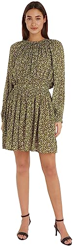 Tommy Hilfiger Damen Kleid Feather Print Crepe Dress Langarm, Mehrfarbig (Feather Print/ Putting Green), 42 von Tommy Hilfiger