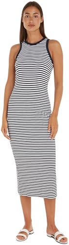 Tommy Hilfiger Damen Kleid Maxi Dress Ärmellos, Mehrfarbig (Mini Stp Desert Sky/ White), L von Tommy Hilfiger