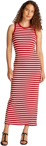 Tommy Hilfiger Damen Kleid Midi Dress Slim Fit, Mehrfarbig (Primary Red/Ecru STP), XXS von Tommy Hilfiger