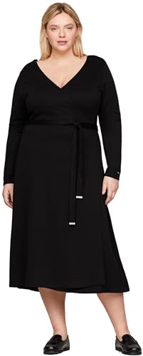 Tommy Hilfiger Damen Kleid Smooth Lines Wrap Midi Dress Langarm, Schwarz (Black), 48 von Tommy Hilfiger