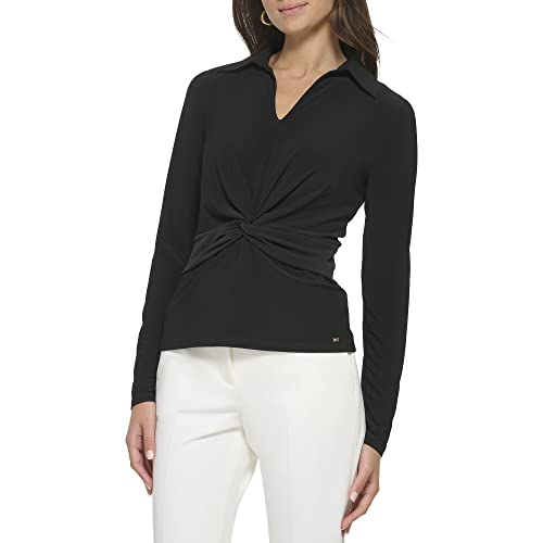 Tommy Hilfiger Damen Kragen V-Ausschnitt Langarm Bluse Sportbekleidung Strick Tops, Schwarz, Groß von Tommy Hilfiger