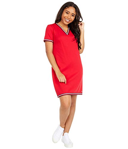 Tommy Hilfiger Damen Stripe Trim Short Sleeve V-Neck Shift Dress Kleid, Scharlachrot, 36 von Tommy Hilfiger