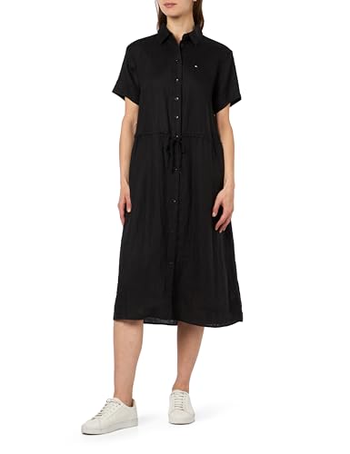 Tommy Hilfiger Damen Hemdkleid Leinen Midi Shirt Dress Knielang, Schwarz (Black), 34 von Tommy Hilfiger