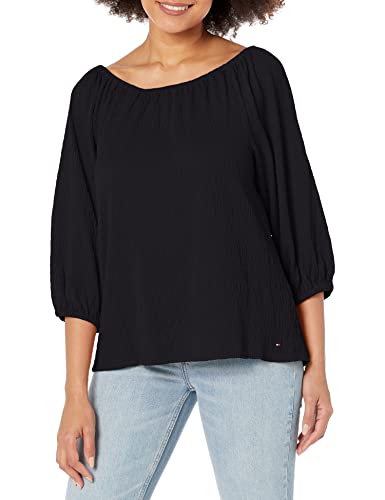 Tommy Hilfiger Damen Langarm Alltag Casual Knit Top, Schwarz, X-Klein von Tommy Hilfiger