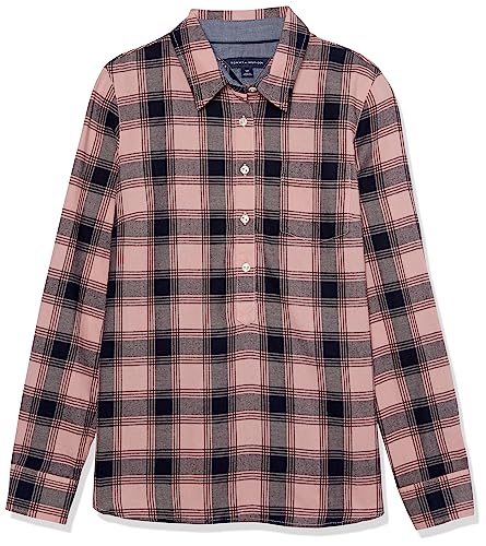 Tommy Hilfiger Damen Langarm Half Zip Roll Tab Popover Shirt, Braut Rose Multi, Groß von Tommy Hilfiger