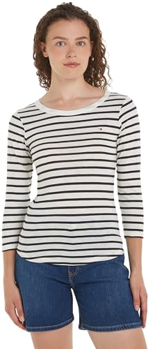 Tommy Hilfiger Damen Langarmshirt 1985 Slim Slub Basic, Mehrfarbig (Breton Ecru/Desert Sky), L von Tommy Hilfiger