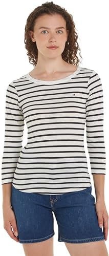 Tommy Hilfiger Damen Langarmshirt 1985 Slim Slub Basic, Mehrfarbig (Breton Ecru/Desert Sky), XXS von Tommy Hilfiger