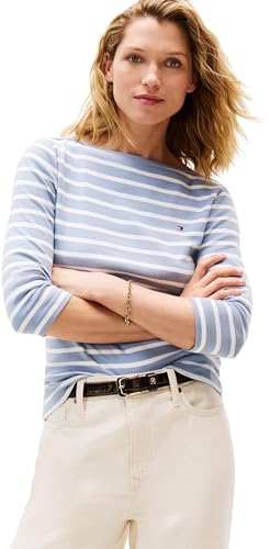 Tommy Hilfiger Damen Langarmshirt New Cody Slim U-Boot-Ausschnitt, Mehrfarbig (Brisk Blue/Ecru STP), M von Tommy Hilfiger