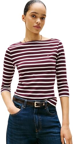 Tommy Hilfiger Damen Langarmshirt New Cody Slim U-Boot-Ausschnitt, Mehrfarbig (Deep Burgundy/Ecru STP), S von Tommy Hilfiger