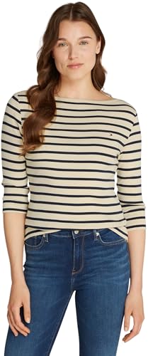 Tommy Hilfiger Damen Langarmshirt New Cody Slim U-Boot-Ausschnitt, Mehrfarbig (Fine STP Country Ivory/Drk N Navy), XXS von Tommy Hilfiger