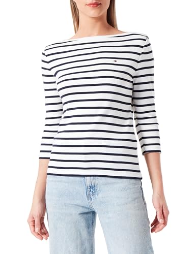 Tommy Hilfiger Damen Langarmshirt Slim U-Boot-Ausschnitt, Mehrfarbig (Breton Ecru/Desert Sky), M von Tommy Hilfiger