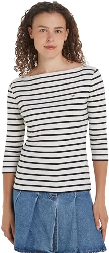 Tommy Hilfiger Damen Langarmshirt Slim U-Boot-Ausschnitt, Mehrfarbig (Breton Ecru/Desert Sky), XXS von Tommy Hilfiger