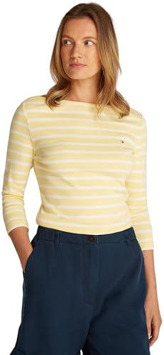 Tommy Hilfiger Damen Langarmshirt Slim U-Boot-Ausschnitt, Mehrfarbig (Citronella/ Ecru Stp), XXS von Tommy Hilfiger